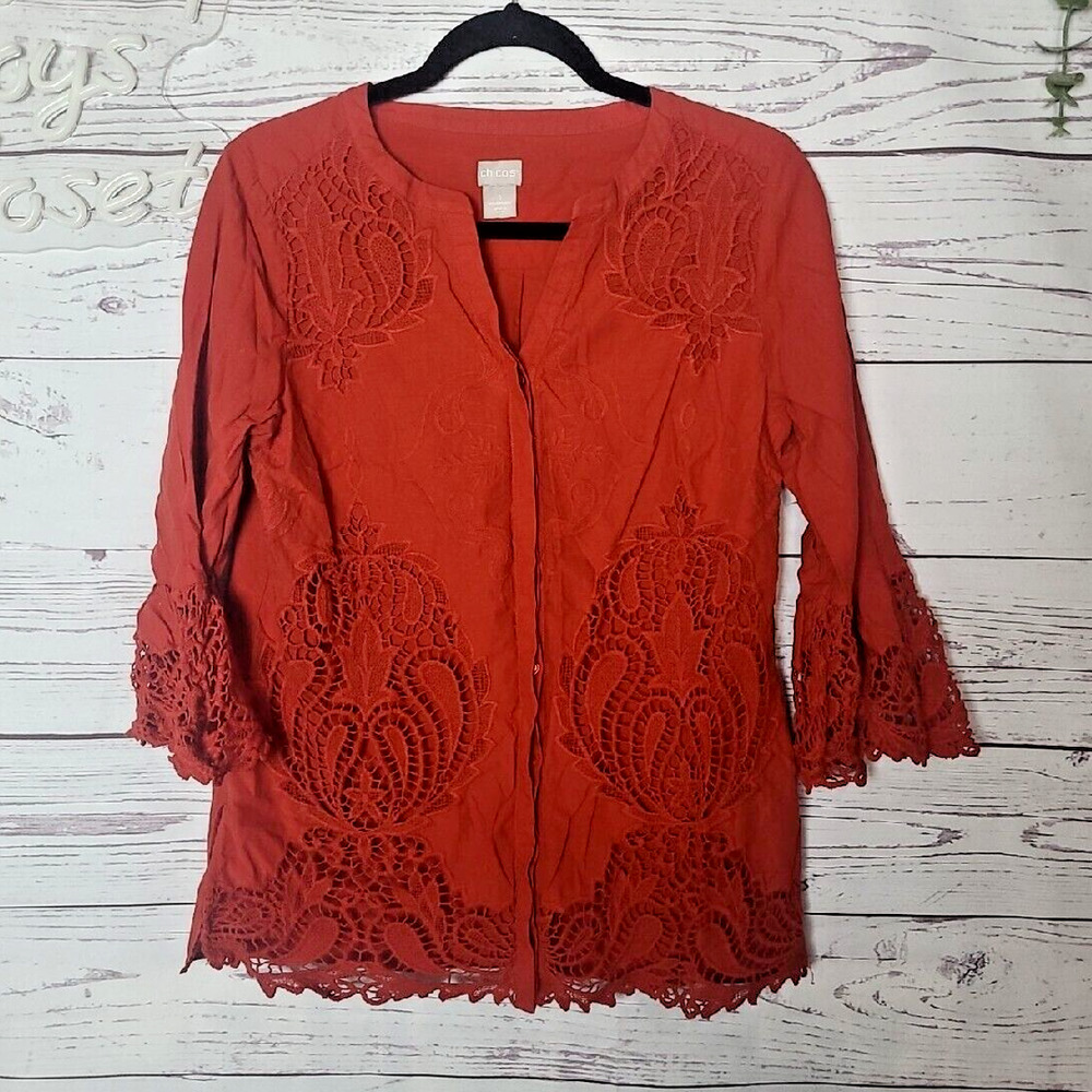 Chico's Rust Red Lace Embroidered Crochet Bell Sleeve Tunic Top Womans Size 1
